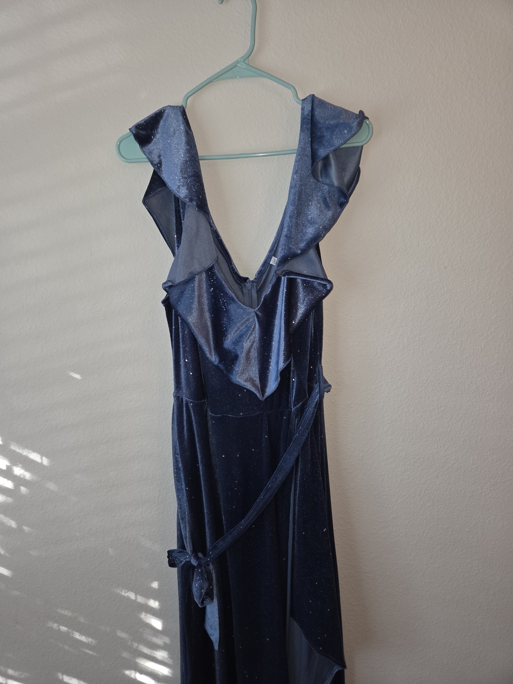 Navy Blue Velvet Ruffle V-Neck Dress